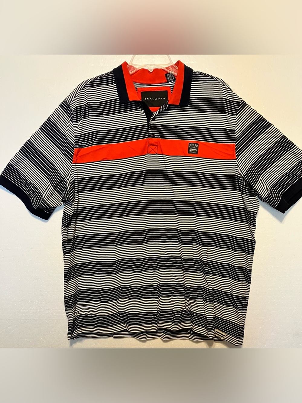 Sean John 2XL Black & White Striped Polo with Red Chest Band